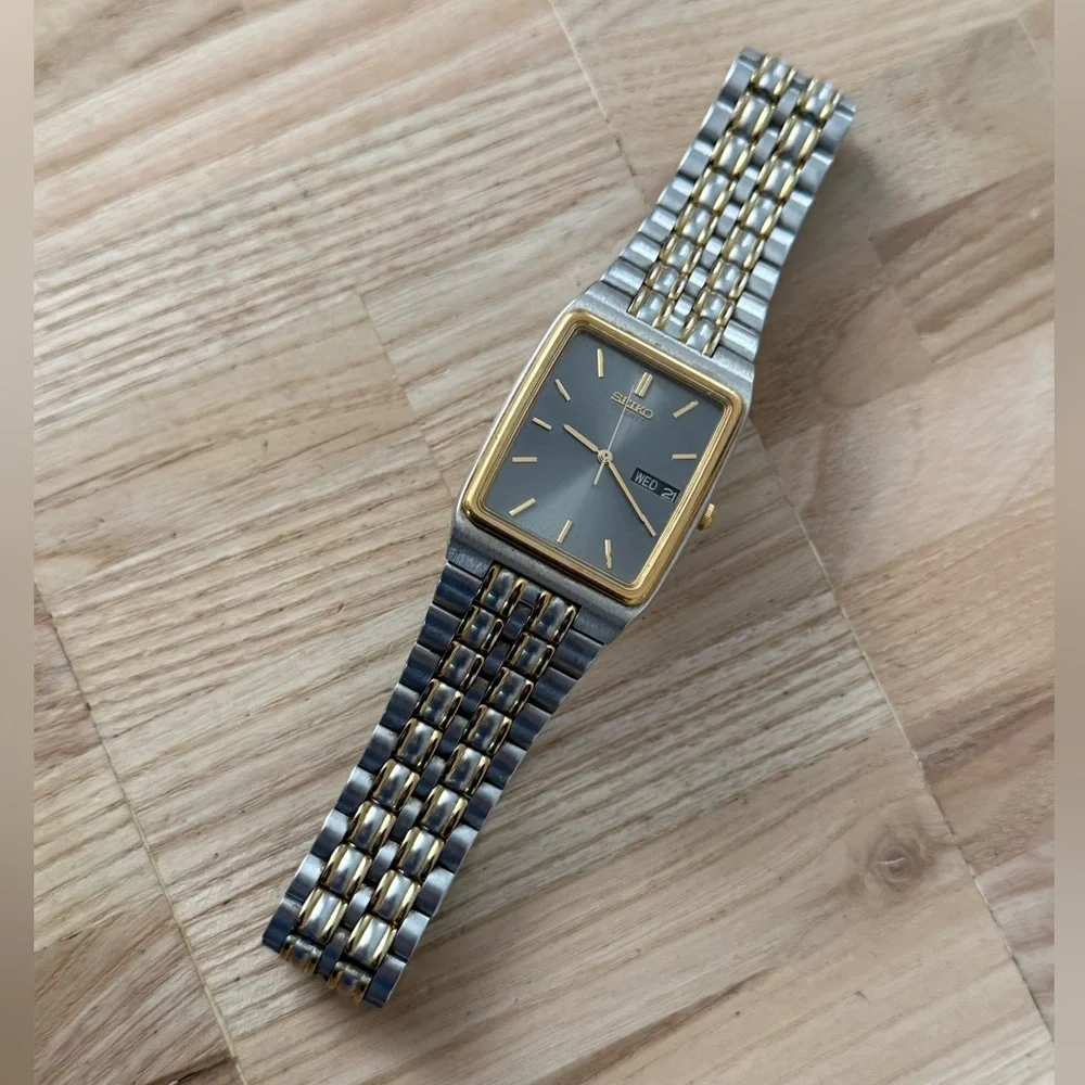 Seiko Rare Vintage Tank Watch Rectangular Gray Dial Two-Tone Case Bracelet Date